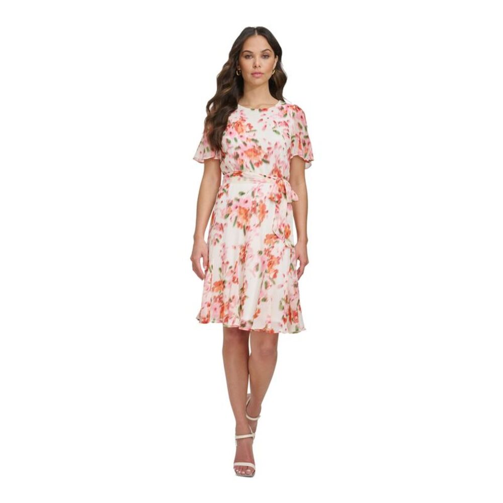 DKNY Womens Ivory Lined Tie-belt Flutter Sleeve Fit + Flare Dress 12